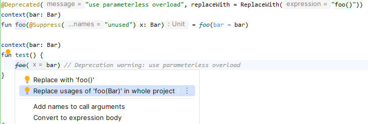 IntelliJ IDEA suggests replacing calls to the deprecated method in the whole project